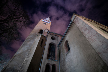 Night photo of the church of Piotr and Paul in the city of Tarnowskie Góry in Poland.