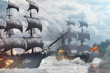 sea battle pirate ship 3d render