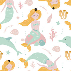 Obraz na płótnie Canvas Seamless pattern with a mermaid on a white background. Vector illustration for printing on fabric, postcard, packaging paper, gift products, Wallpaper, clothing. Cute baby background for girls.