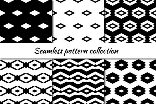 Seamless pattern collection. Geometrical design backgrounds set. Repeated rhombuses, diamonds, lozenges motif. Geo print