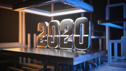 2020 new year text design made by steel and surrounded pipe network on futuristic hi-tech sonstruction site Graphic background communication structure. 3d illustration Selective focus macro shot with