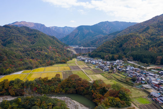 Aerial View of Eigenji Dam and ricefields in Higashi omi, Shiga Japan