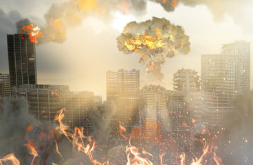  atomic explosion in a post-apocalyptic city 3D render