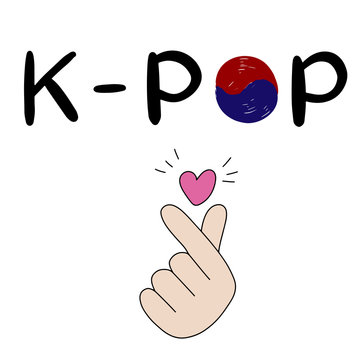 K-pop. Korean popular music style. Finger heart symbol. K pop Hand drawn lettering for banner, print, postcard, poster, sticker, logo. Vector illustration eps10.