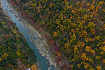 Sagano romantic Trainline, Aerial top down view in Autumn 