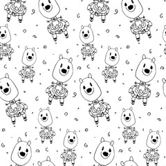 Cute cartoon seamless pattern with doodle of animals in clothes drawn by hand. Black and white childish drawing for t-shirt print, textile, kid product, textile, baby bedding, diapers, package.