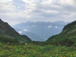 Fototapeta na wymiar Beautiful view in Caucasus mountains. Roza Khutor, Russia
