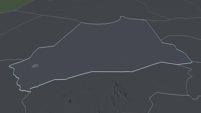 Batha, region with its capital, zoomed and extruded on the administrative map of Chad in the conformal Stereographic projection. Animation 3D
