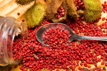 annatto seed orange red condiment and food coloring derived from achiote tree.bixa orellana is used to impart yellow red or orange color to food and for its color and aroma
