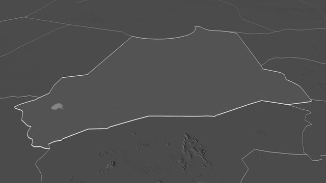Batha, region with its capital, zoomed and extruded on the bilevel map of Chad in the conformal Stereographic projection. Animation 3D