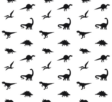 Vector seamless pattern of black different dinosaur silhouette isolated on white background