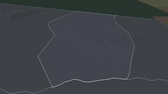 Ennedi Ouest, region with its capital, zoomed and extruded on the administrative map of Chad in the conformal Stereographic projection. Animation 3D