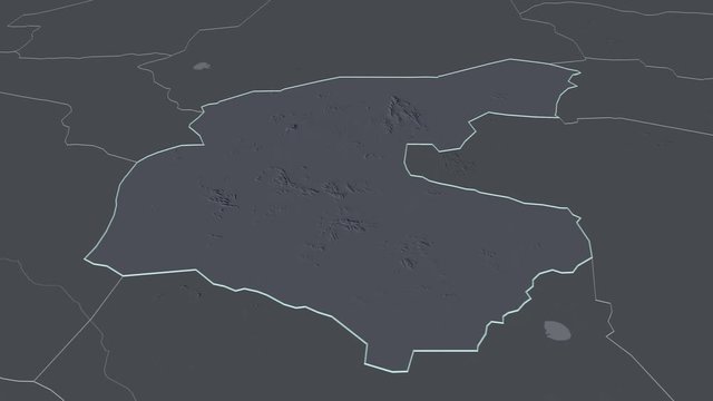 Gu&eacute;ra, region with its capital, zoomed and extruded on the administrative map of Chad in the conformal Stereographic projection. Animation 3D