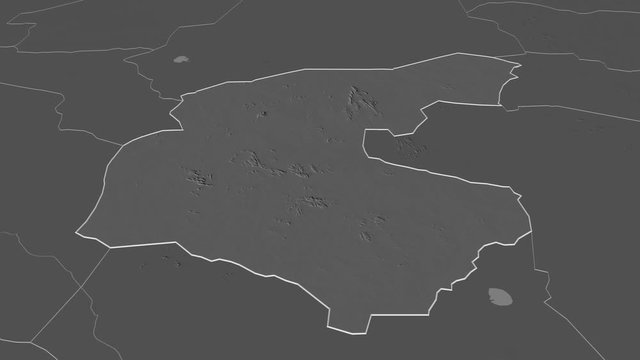 Gu&eacute;ra, region with its capital, zoomed and extruded on the bilevel map of Chad in the conformal Stereographic projection. Animation 3D