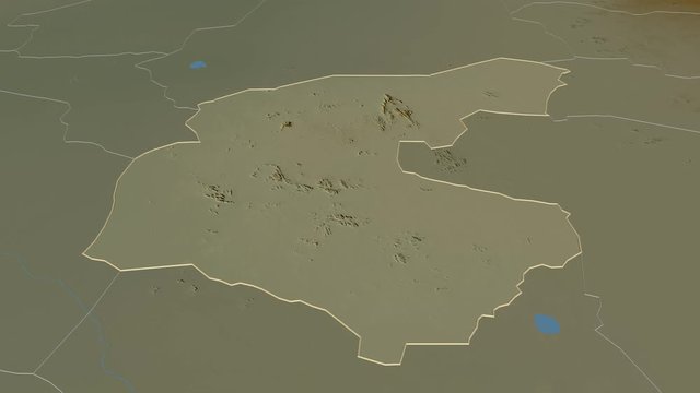 Gu&eacute;ra, region with its capital, zoomed and extruded on the relief map of Chad in the conformal Stereographic projection. Animation 3D
