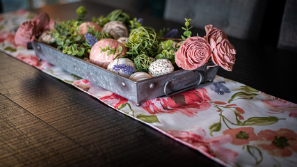 Spring Centerpiece on Wood Rustic Table