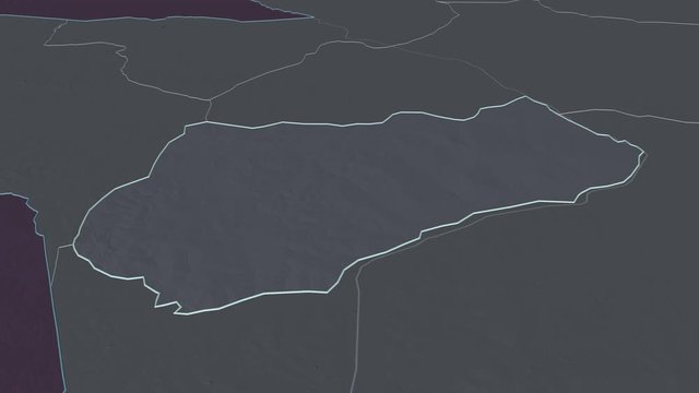Logone Occidental, region with its capital, zoomed and extruded on the administrative map of Chad in the conformal Stereographic projection. Animation 3D