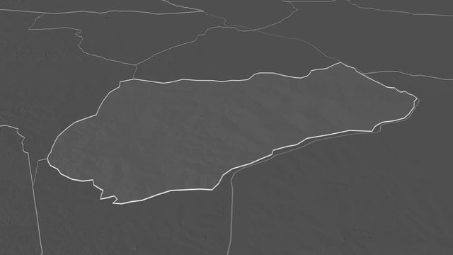Logone Occidental, region with its capital, zoomed and extruded on the bilevel map of Chad in the conformal Stereographic projection. Animation 3D