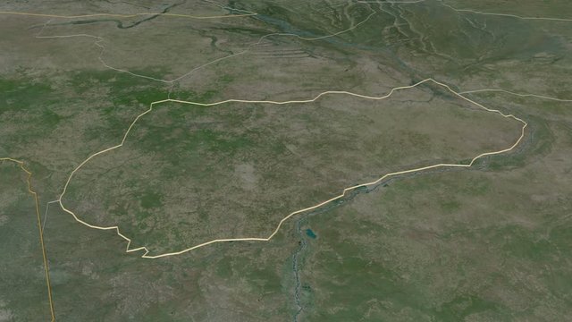Logone Occidental, region with its capital, zoomed and extruded on the satellite map of Chad in the conformal Stereographic projection. Animation 3D