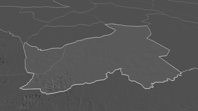 Logone Oriental, region with its capital, zoomed and extruded on the bilevel map of Chad in the conformal Stereographic projection. Animation 3D