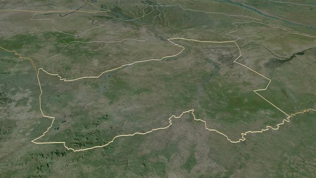 Logone Oriental, region with its capital, zoomed and extruded on the satellite map of Chad in the conformal Stereographic projection. Animation 3D