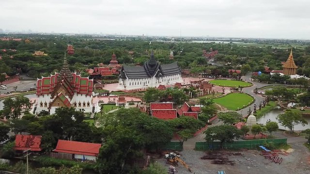 Replicas of Dusit Maha and Sanphet Prasat Palace in Ancient Siam Open Museum Near Bangkok Thailand, Cinematic Aerial