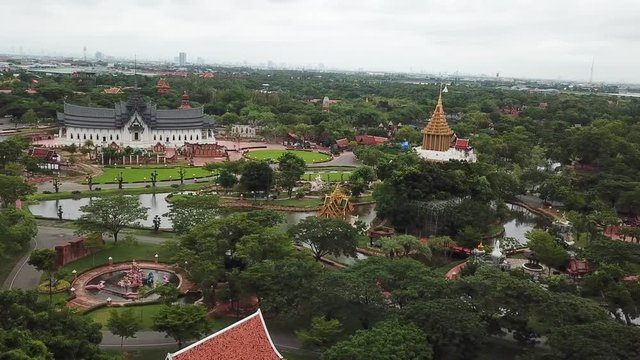 Sanphet Prasat Palace and Ramayana Garden Replicas in Ancient Siam City Park, Muang Boran, Thailand, Aerial View