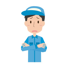 男性　作業者　作業員　作業服　上半身　腕組み　表情　ポーズ