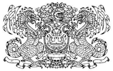Heraldic emblem with fairy dragon holding shield isolated on white, line art.