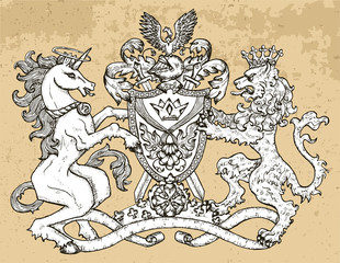 Heraldic emblem with unicorn and fairy lion beast on texture background.