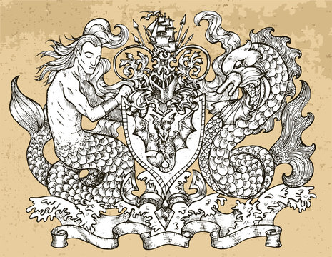Heraldic emblem with mermaid and monster fish dolphin on texture background.