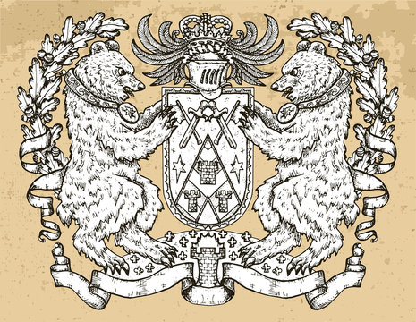 Heraldic emblem with bear beast holding shield on texture background.