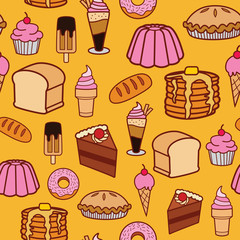 Sweet and tasty food dessert seamless pattern on a yellow background
