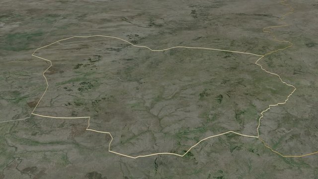 Ouadda&iuml;, region with its capital, zoomed and extruded on the satellite map of Chad in the conformal Stereographic projection. Animation 3D