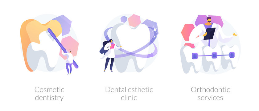 Teeth whitening and professional cleaning procedures. Dental braces. Cosmetic dentistry, dental esthetic clinic, orthodontic services metaphors. Vector isolated concept metaphor illustrations.