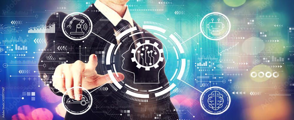 Poster future technology concept with a businessman on a shiny background