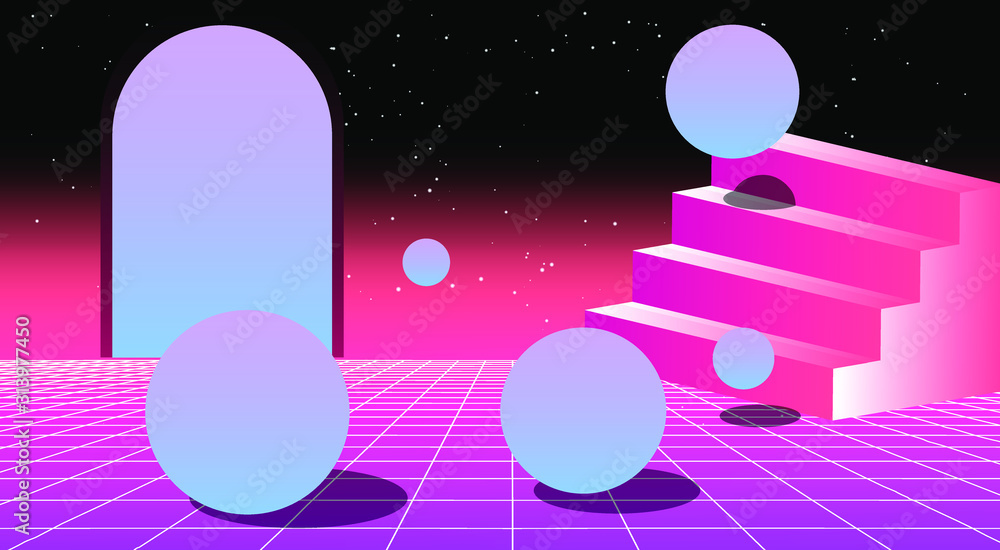 Poster Retrowave/ vaporwave/ synthwave style illustration with staircase and arch on laser grid with floating in zero gravity spheres above. Surreal retrofuturistic backround.