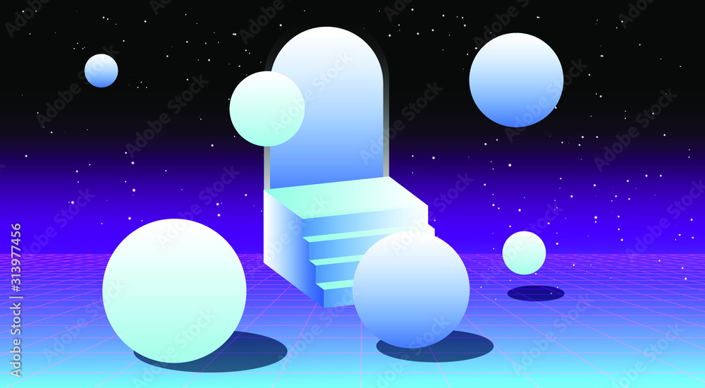 Aufkleber Retrowave/ vaporwave/ synthwave style illustration with staircase and arch on laser grid with floating in zero gravity spheres above. Surreal retrofuturistic backround.