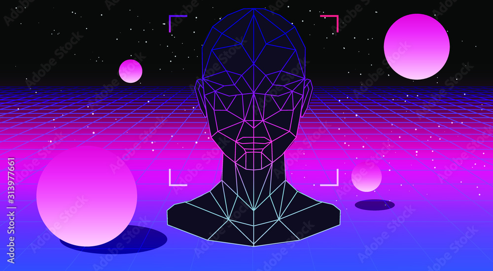 Aufkleber Retrowave/ vaporwave/ synthwave style illustration with 3d grid of human head with floating in zero gravity spheres on laser grid. Surreal retrofuturistic backround.