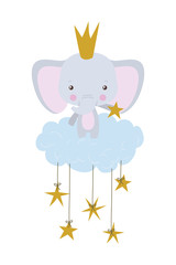 Cute elephant with crown over cloud vector design