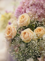 old rose, white Gypsophila and purple Hydrangea flower event wedding beautiful bouquet on blurred of background