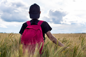 Pensive, dreaming teenager with a backpack stands on a wheat field triticum and touches the ear with hands. - Powered by Adobe