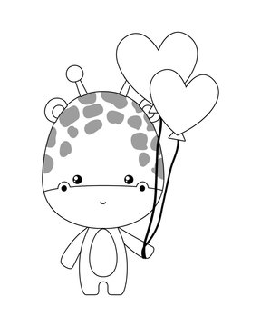 Cute giraffe cartoon with hearts balloons vector design