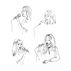 Singing woman with microphone in hands vector illustration. musical band vocalist. Continuous line drawing