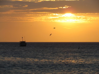 Fishing boat starting work at sunset.