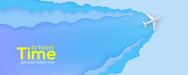 Silver passenger plane flies through the clouds. Blue sky carved from multi layered paper. Time to travel. Banner with realistic airplane and background cut out of paper. Vector 3d illustration, EPS10