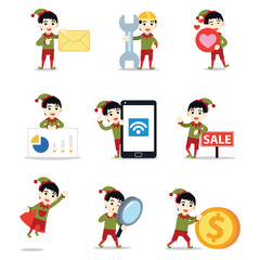 Set of elf man character in green costume.