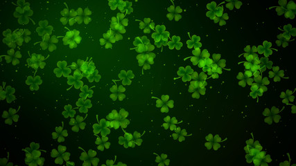 Artistic Green Shine Falling Leaf Clovers In Wind With Glitter Dust Background For St Patrick's Day