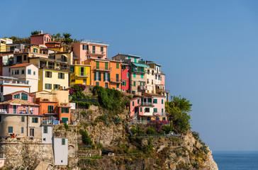 View at Manarola village in Cinque Terre, Italy, with its traditional colorful houses and Ligurian Sea coast