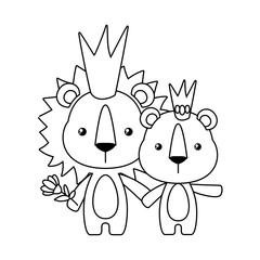 Cute lion and lioness cartoon with crown vector design